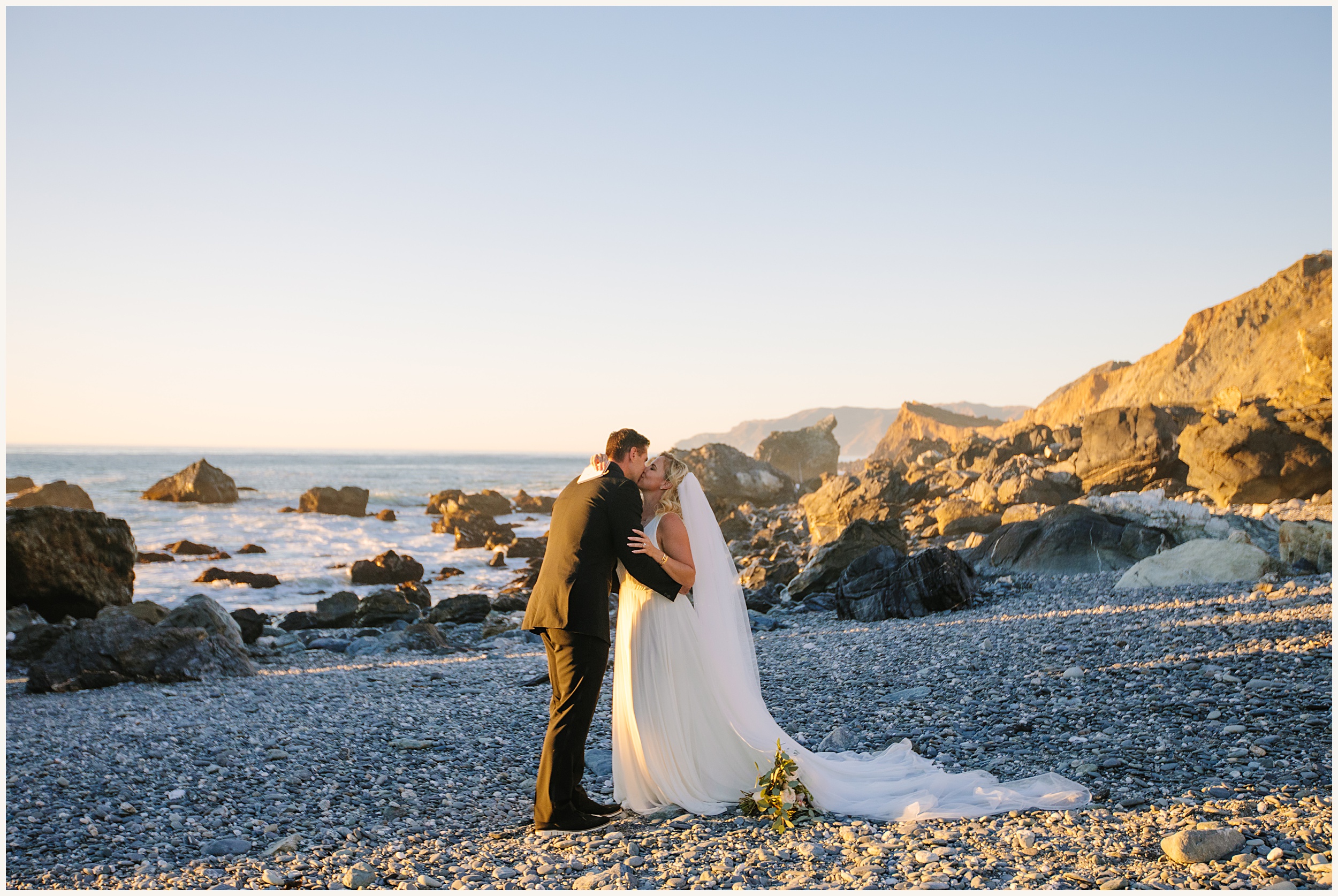Photo of bride and groom on Catalina Island beach