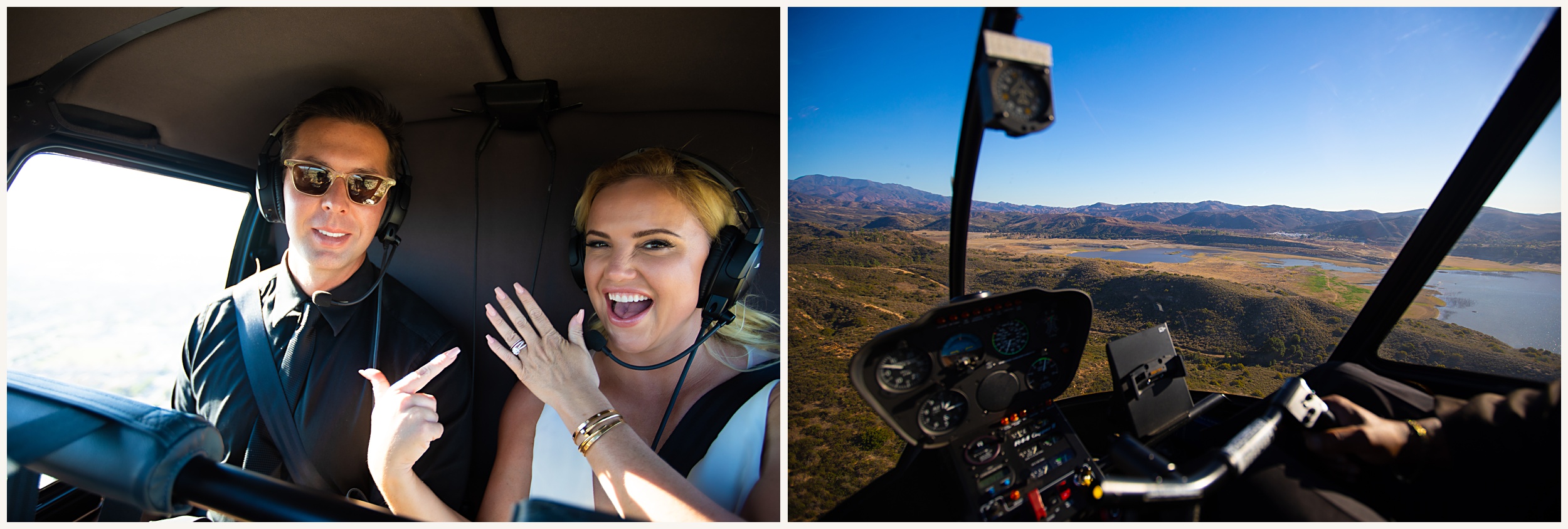 Photo of bride and groom in helicopter, bride pointing at her wedding ring finger