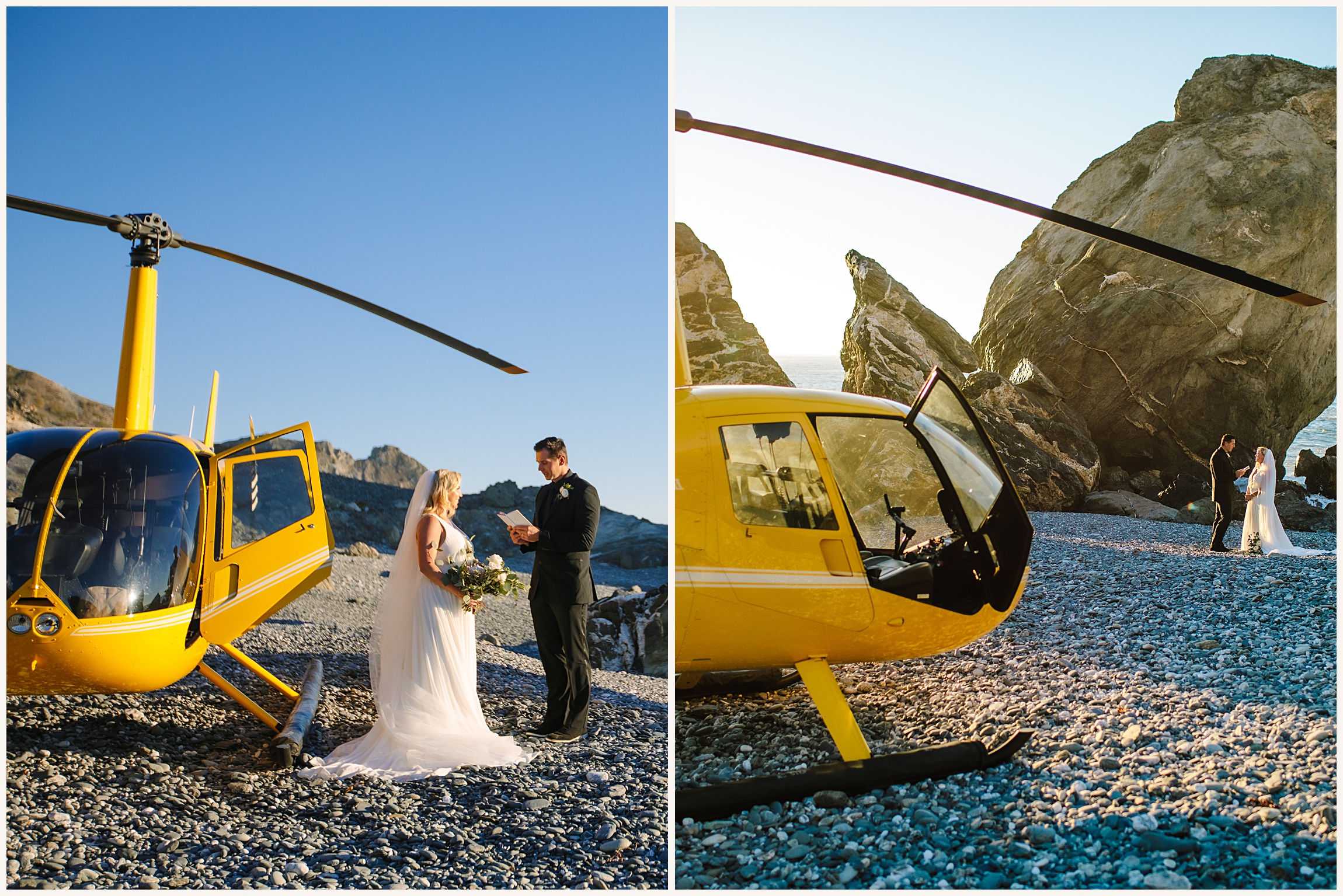 Photo of bride and groom in front of yellow helicopter on the beach reading vows
