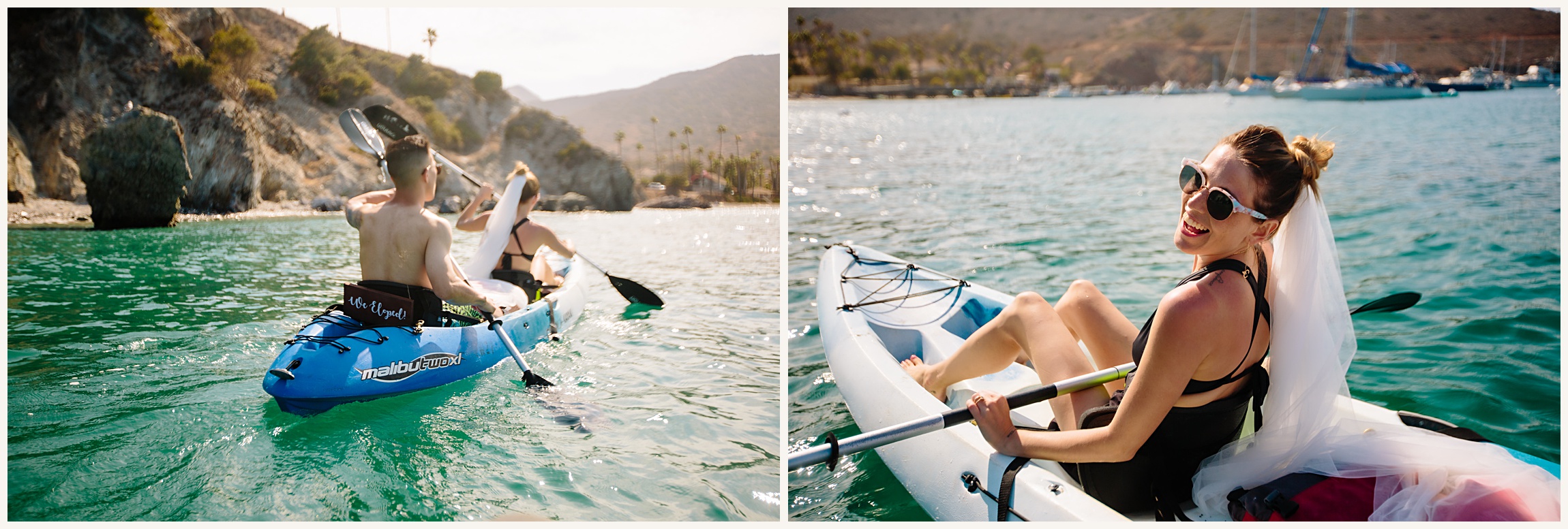 Photo of bride and groom kayaking in Catalina Island with We Eloped sign on the back of the Kayak