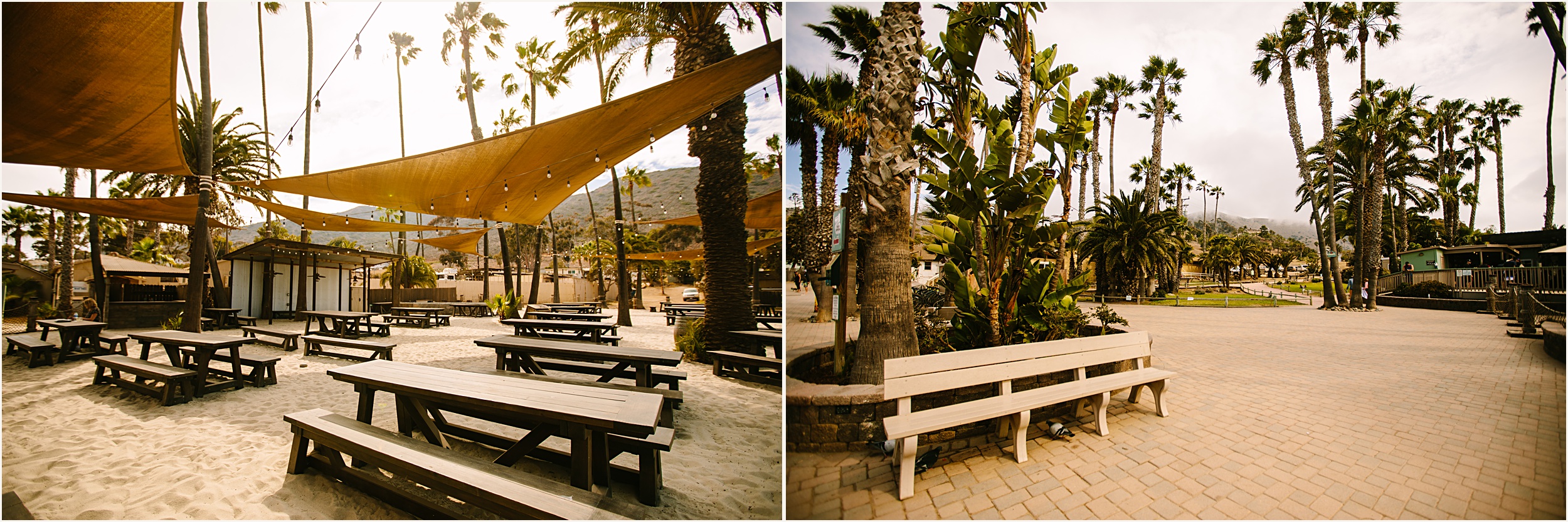 two photos of benches and picnic tables