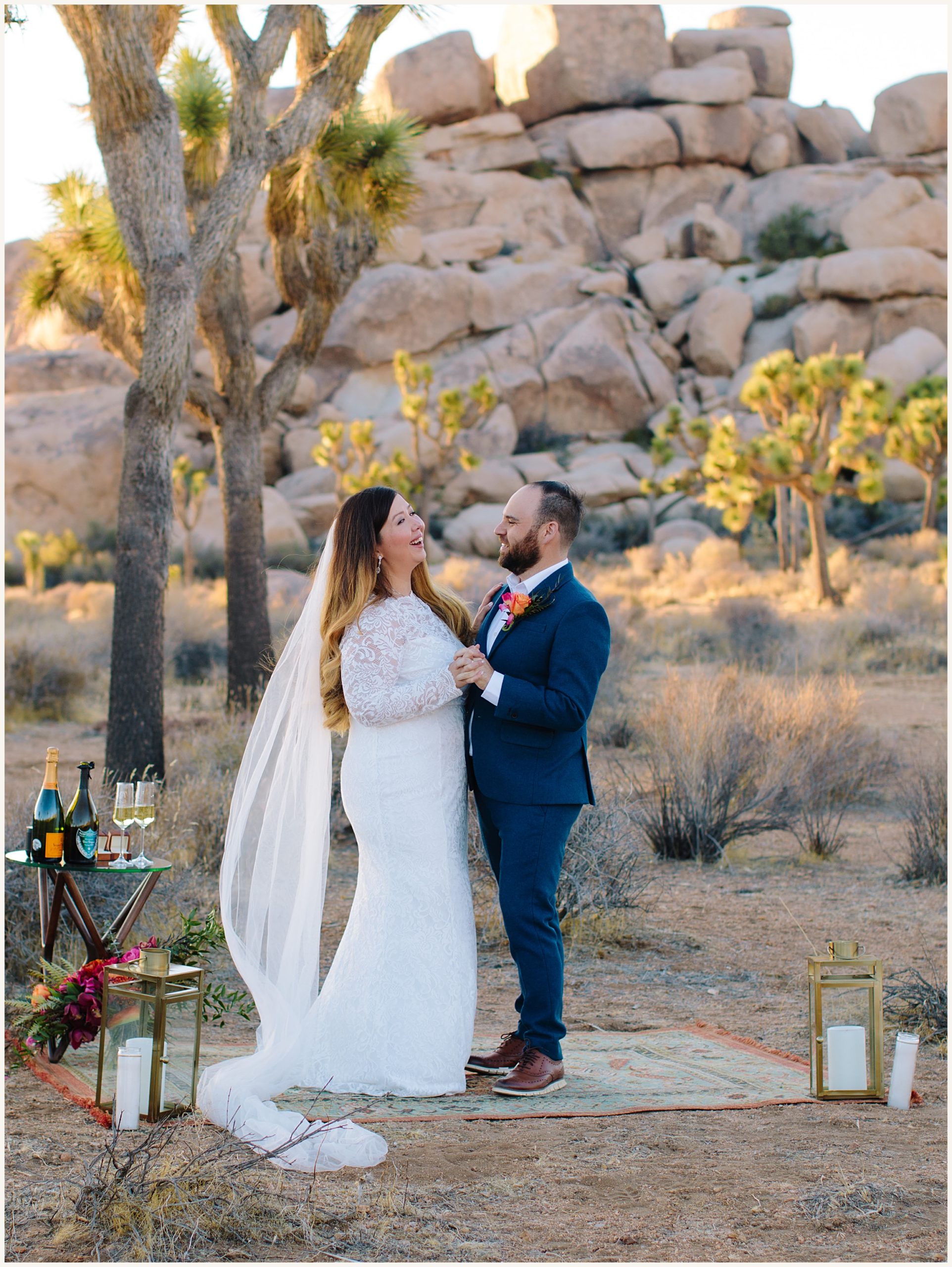 Photo of Bride and groom having their first dance in Joshua Tree