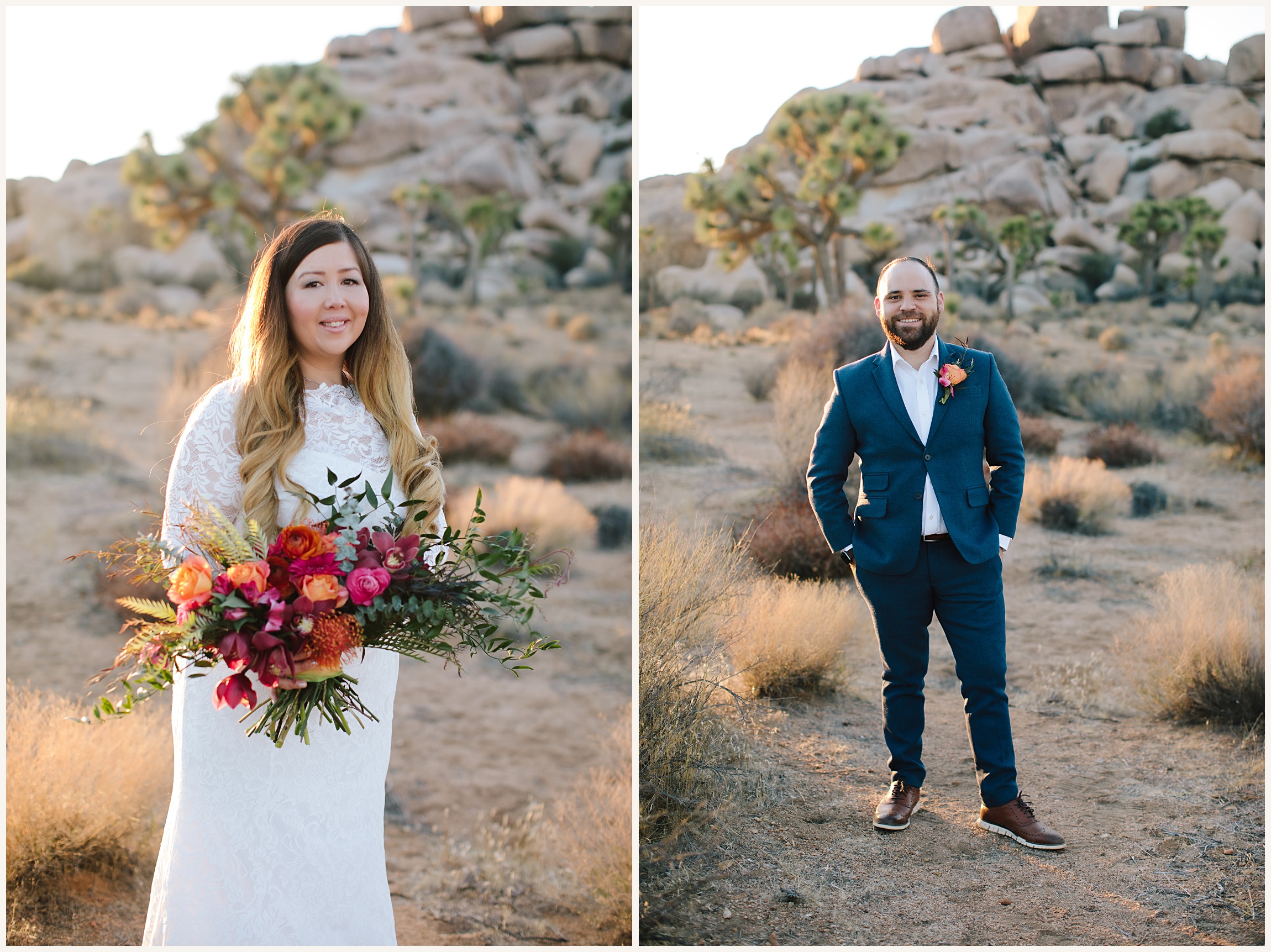 Photo of bride in and elegant white lace long sleeve elopement dress holding a multicolored pink bouquet and groom in a blue wedding suit at Joshau Tree