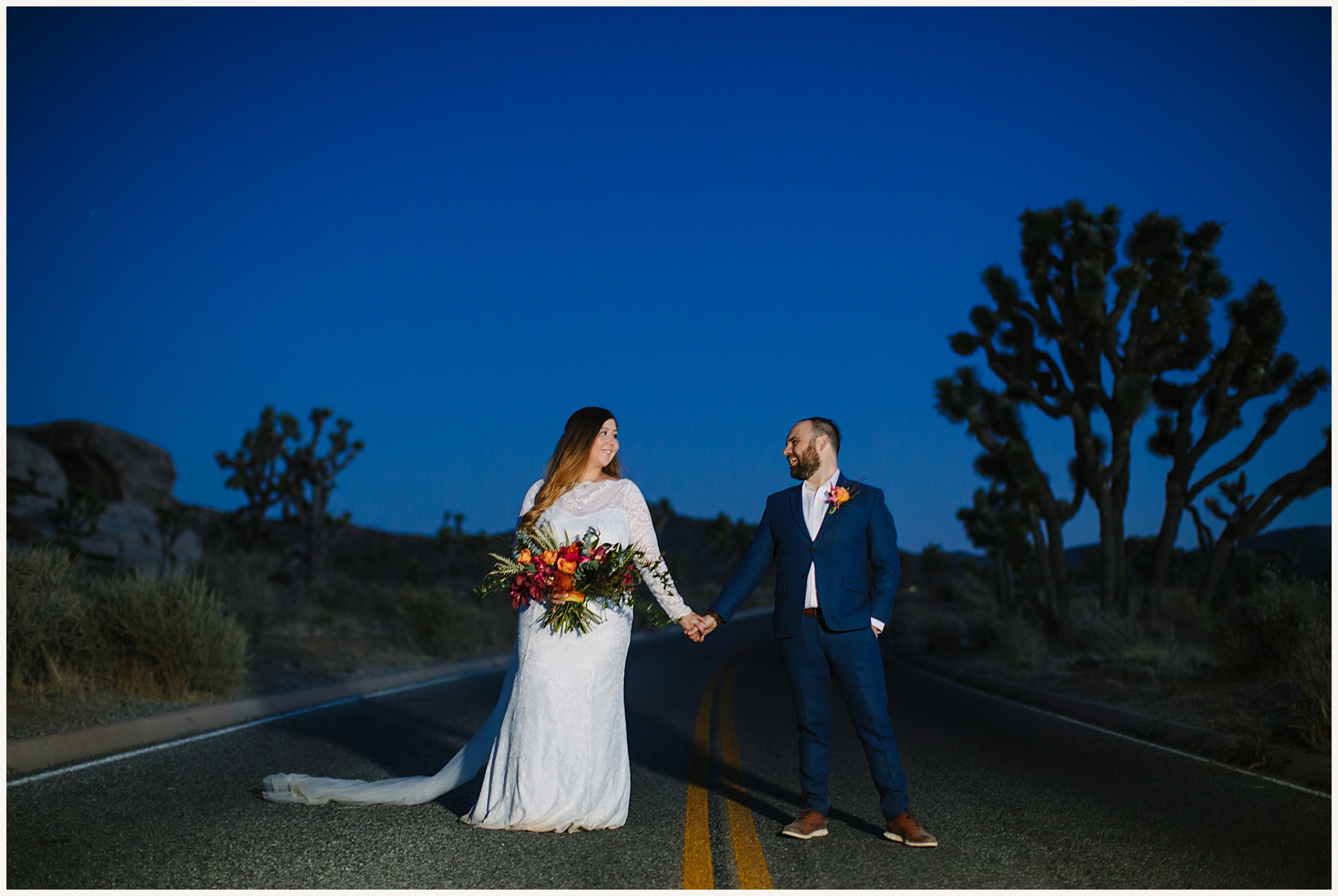 Night photos of bride and groom in Joshua Tree