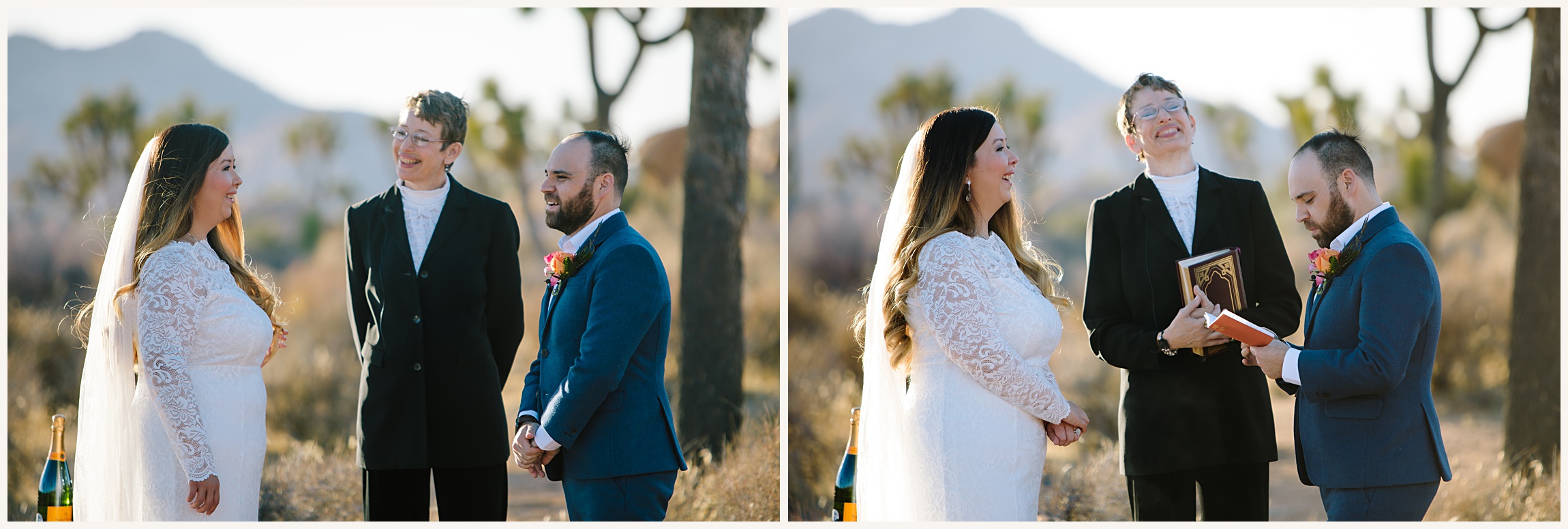 Photo of bride, groom and officiant during elopement cermeony vow exchange in Joshua Tree