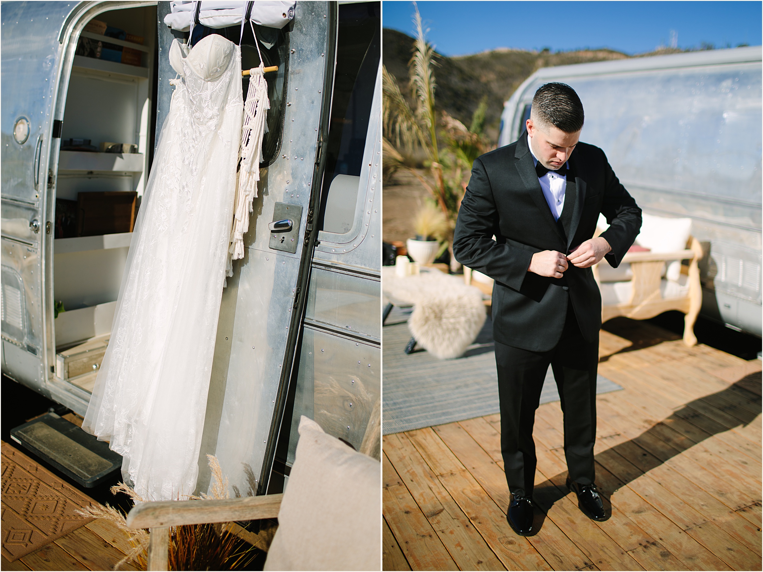 Photo of Brides strapless mermaid lace dress and groom getting ready