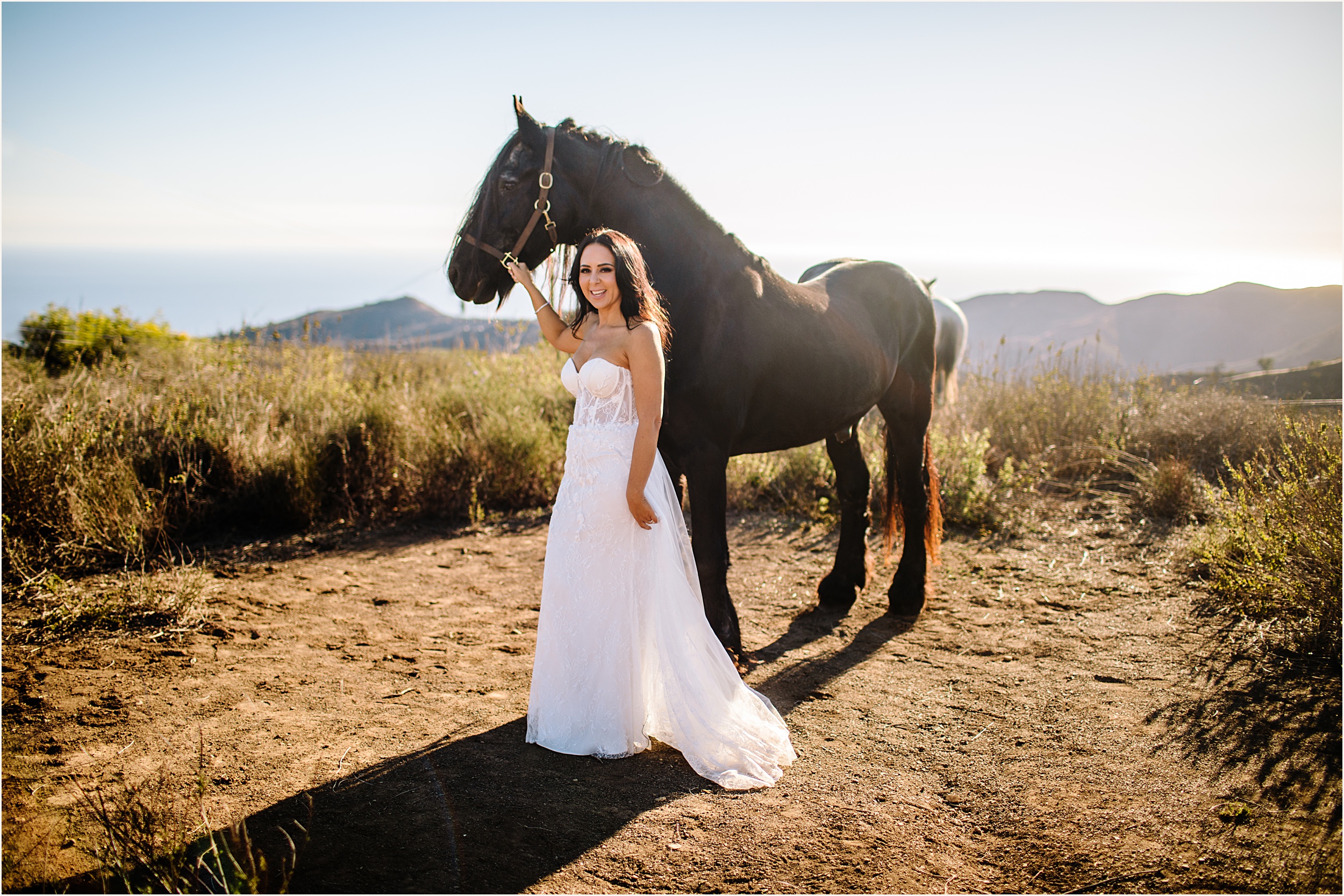 Photo of bride holding onto brown horses harness and posing