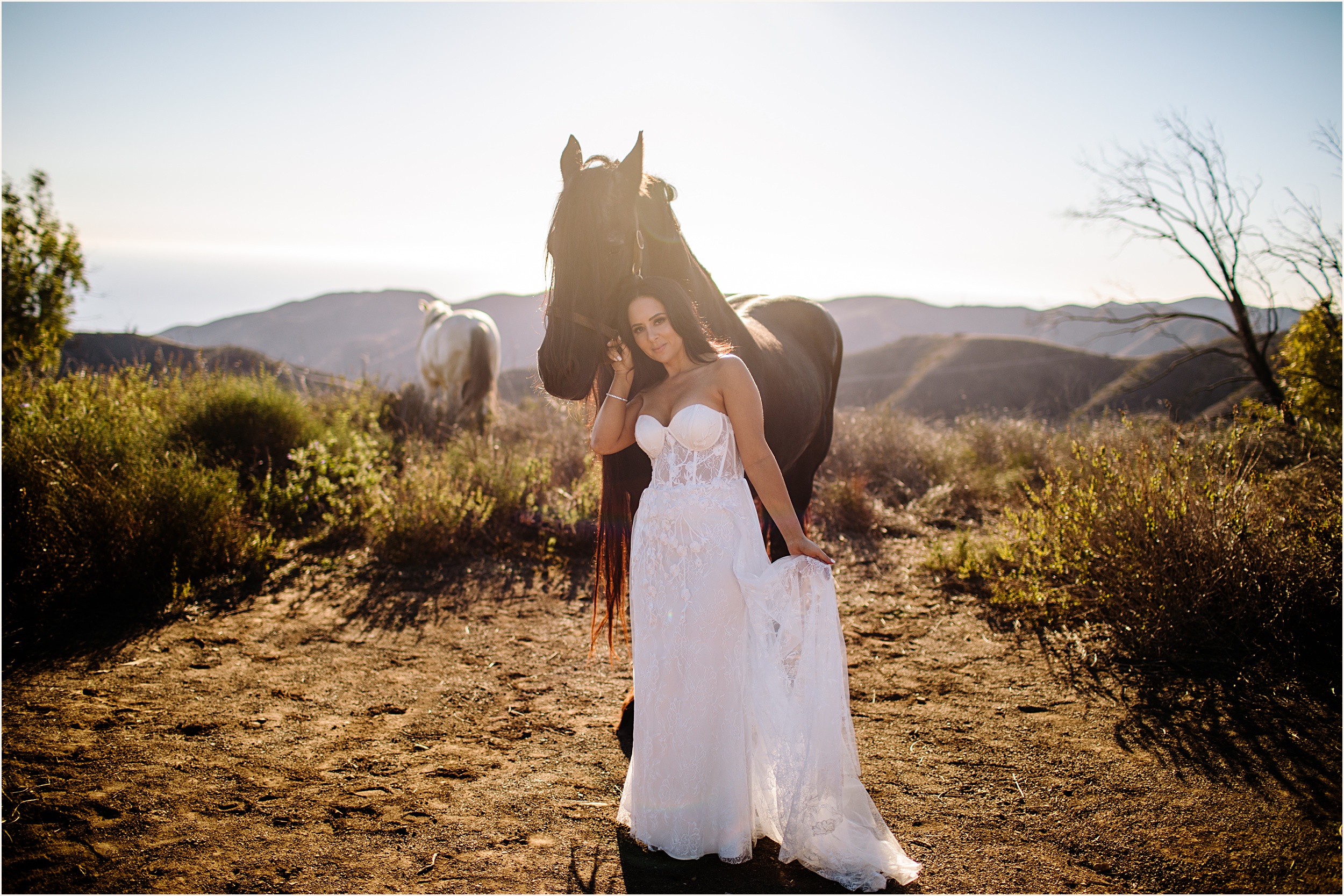 Photo of bride posing next to a beautiful brown horse in a strapless lace mermaid elopement dress