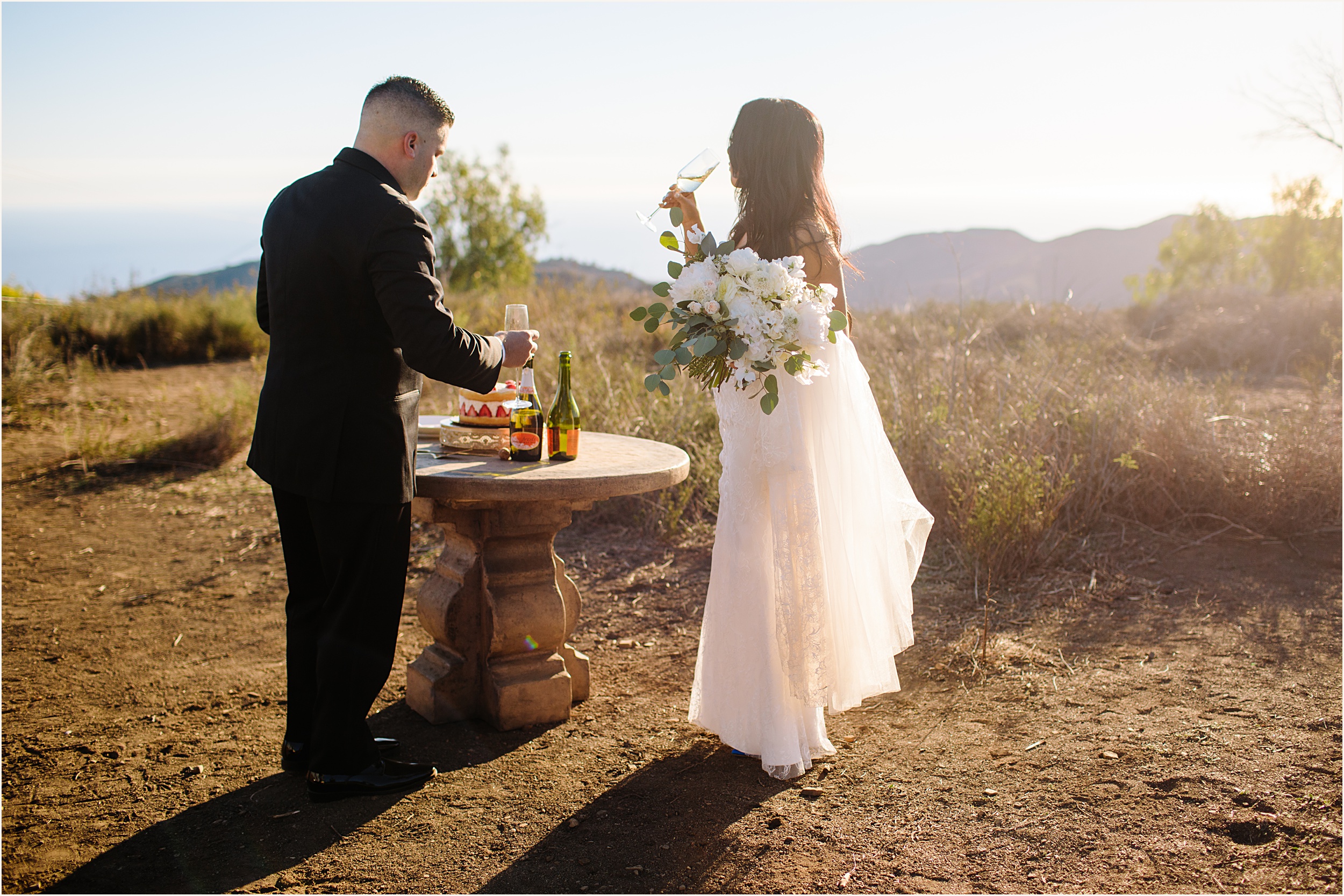 Photo of bride and groom toasting with champagne