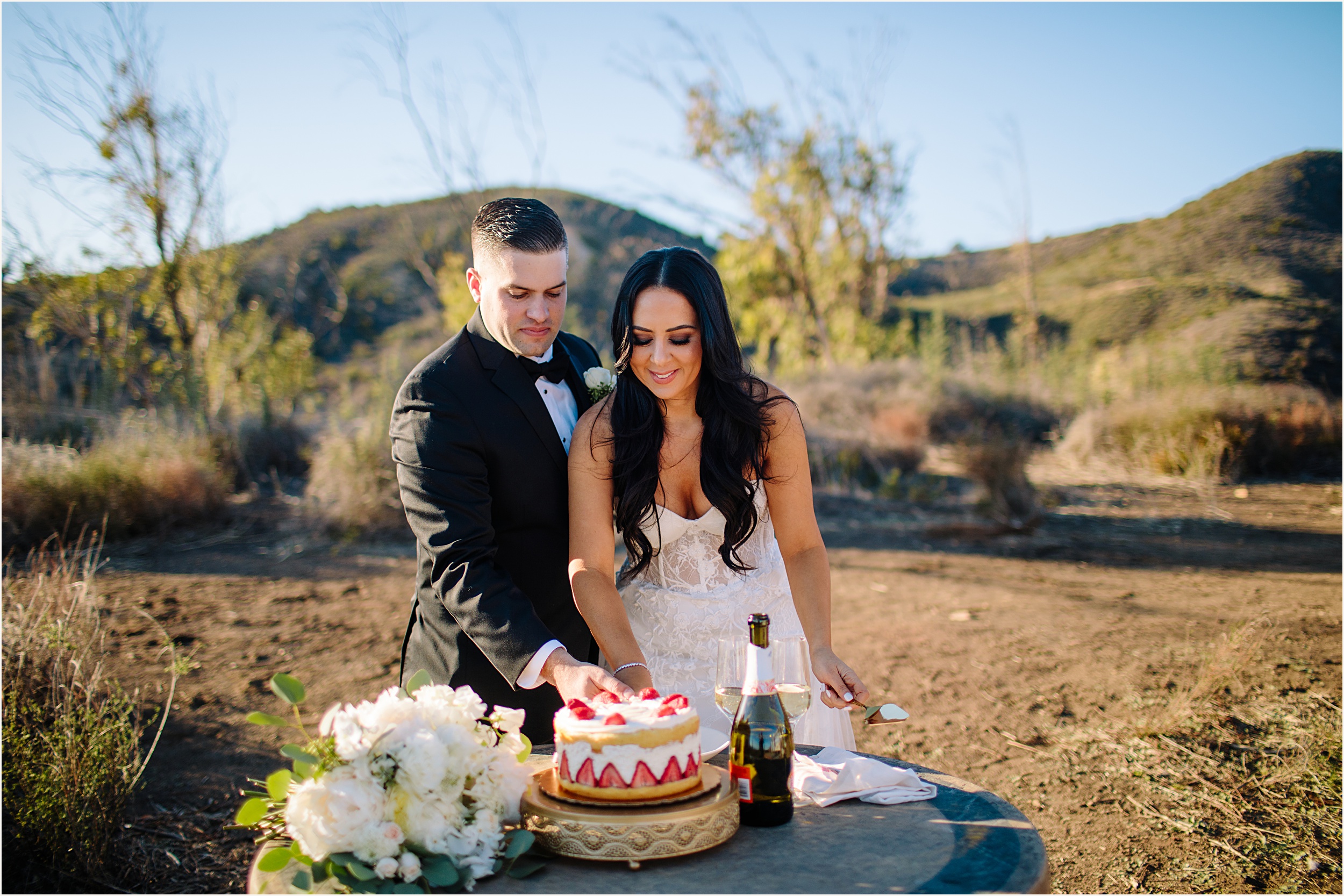 Photo of bride and groom cutting strawberry vanilla wedding cake