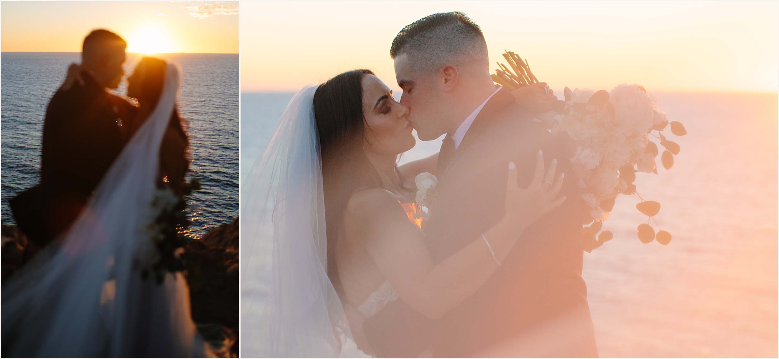 Photo of bride and groom kissing in front of Malibu beach sunset during their Malibu beach elopement