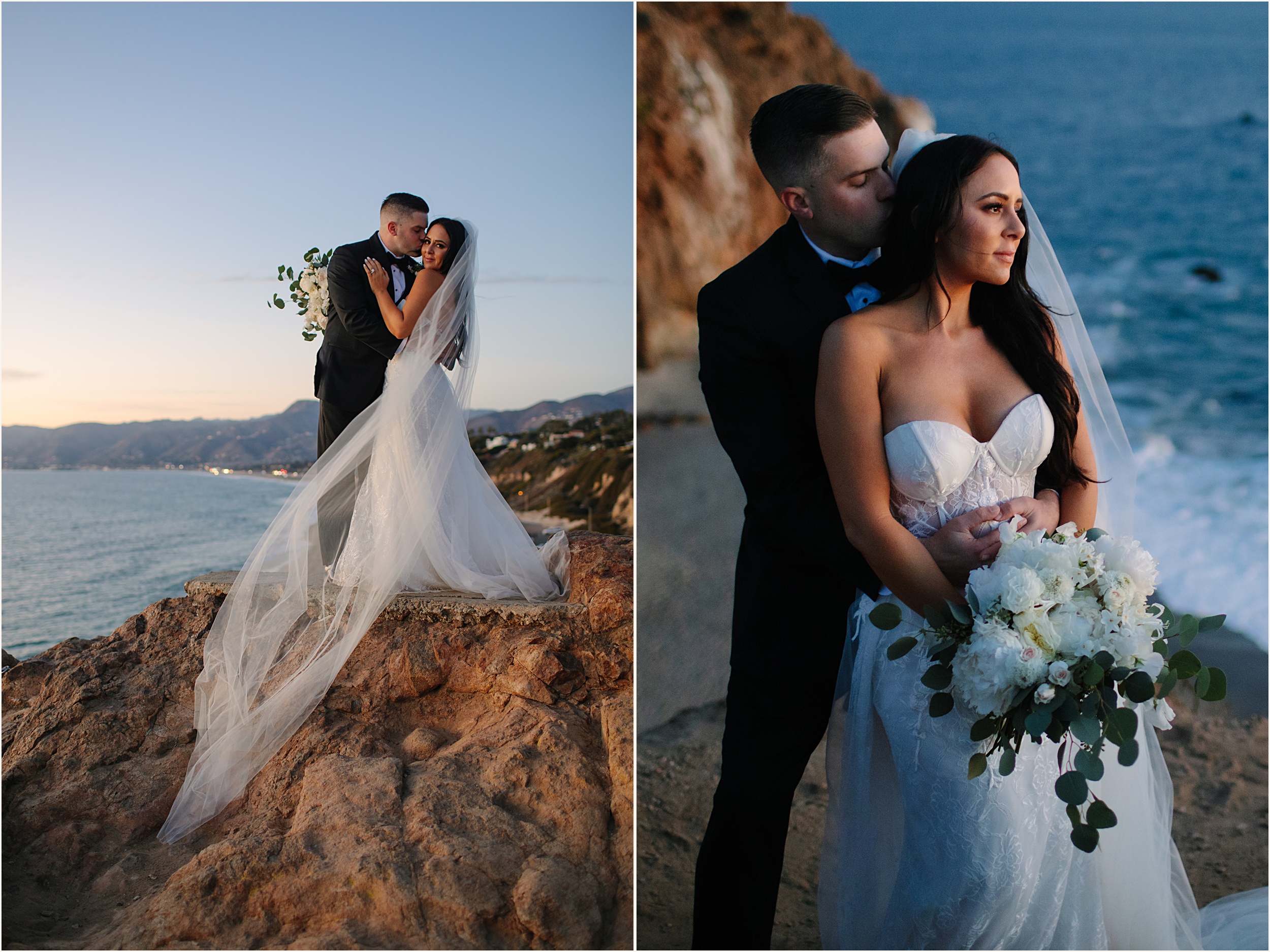 Photo of bride and groom on cliffside during their Malibu beach elopement