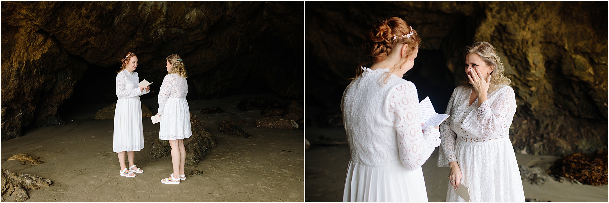 Photo of brides exchanging vows in El Matador beach cave
