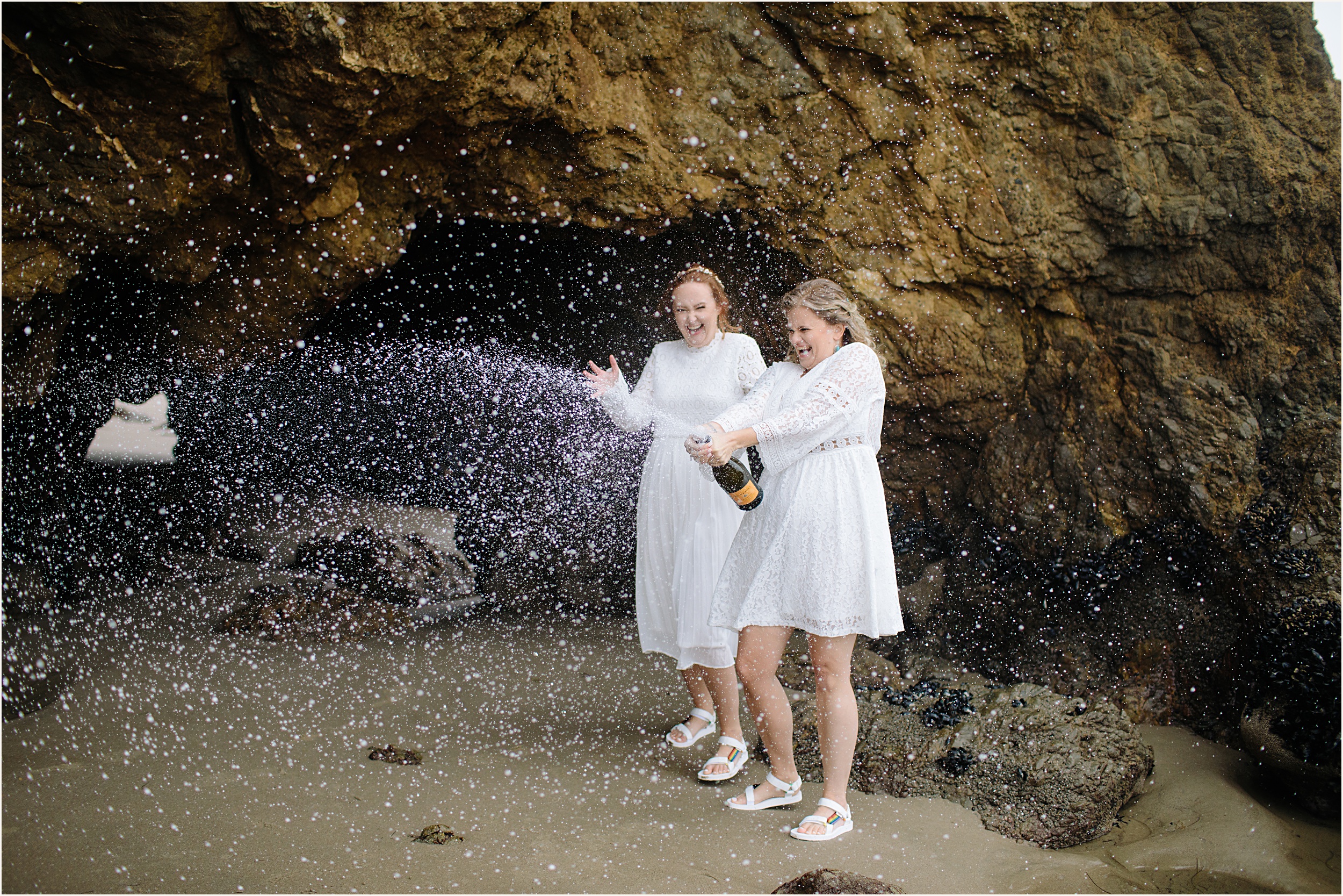 Photo of brides popping champagne