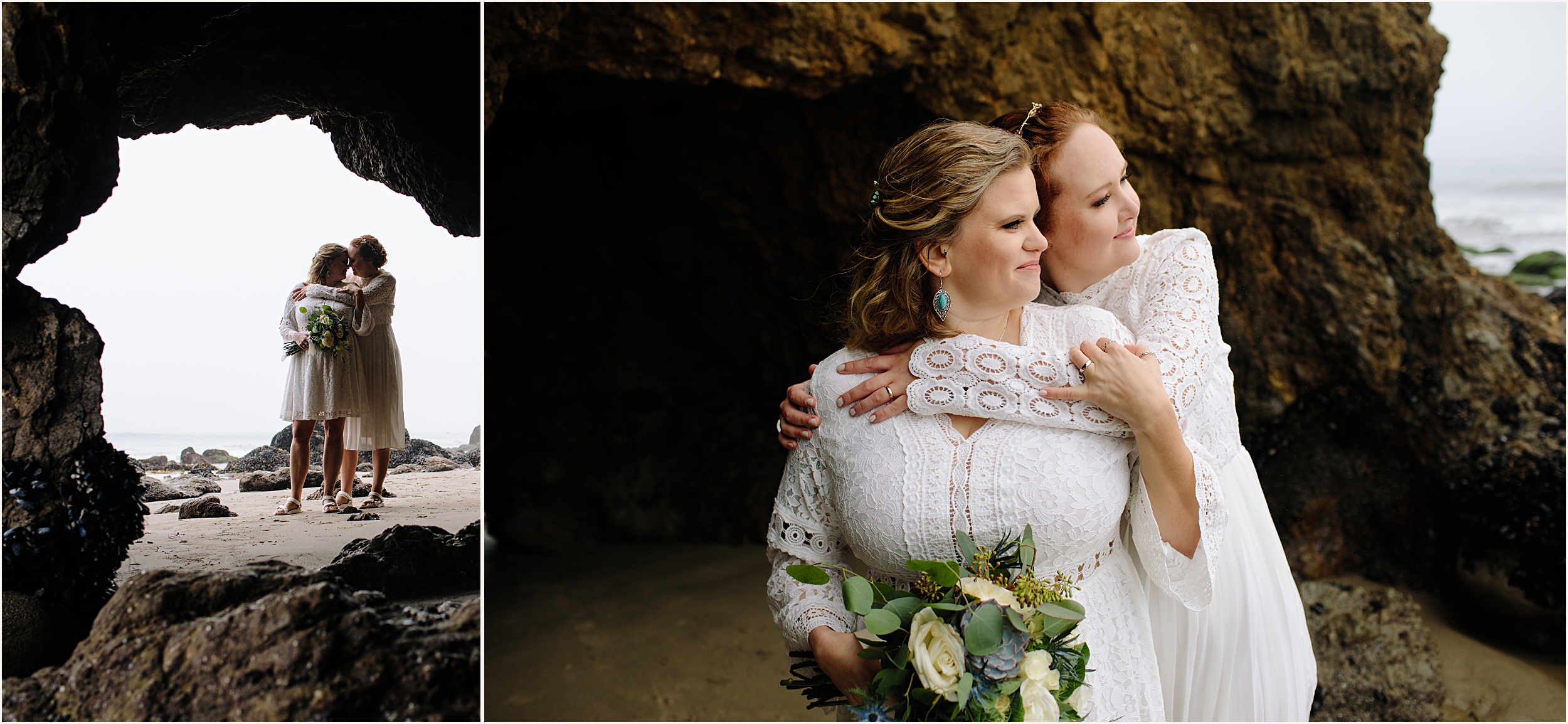 Photo of brides in stunning white lace elopement dresses at El Matador beach cave