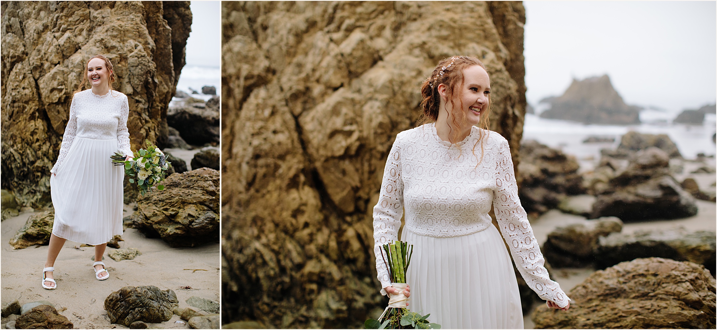 Photo of bride in stunning white lace elopement dress and Teva Sandles
