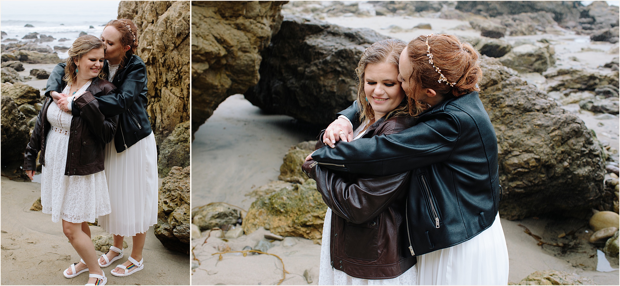 Photo of brides in stunning white lace elopement dresses and leather jackets at El Matador beach