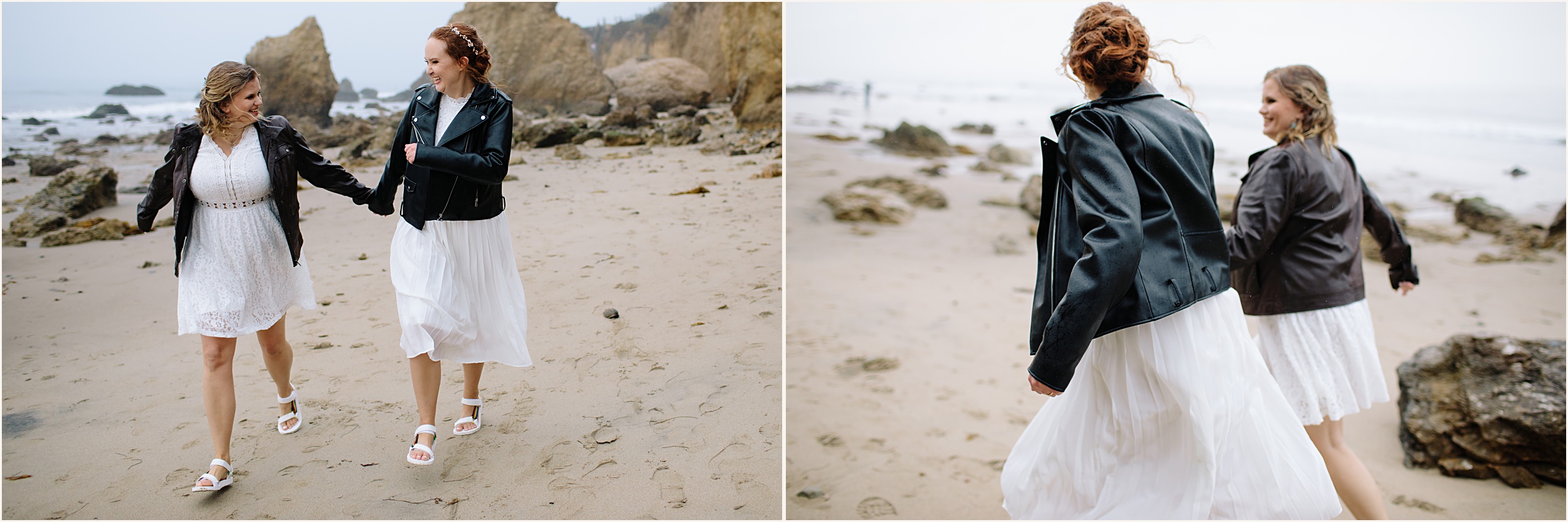 Photo of brides running down El Matador beach in stunning white lace elopement dresses and leather jackets
